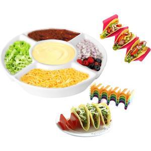 Taco Serving Platter - Divided Serving Tray for Taco Tuesday Lazy Susan Taco Bar - Chip and Dip Serving Set for Party - Appetizer Serving Tray for Salsa, Snacks with 4 Taco Holder Stands