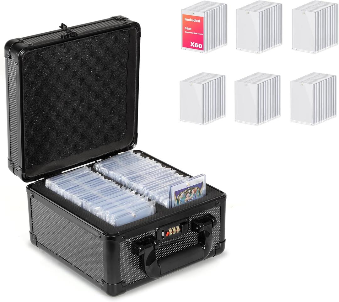 Sports & Collectible Card Storage Case with Dual Compartments + 60 Protective Sleeve Boxes – Portable Organizer for Trading Cards, Memorabilia Display (6"x9"x9")