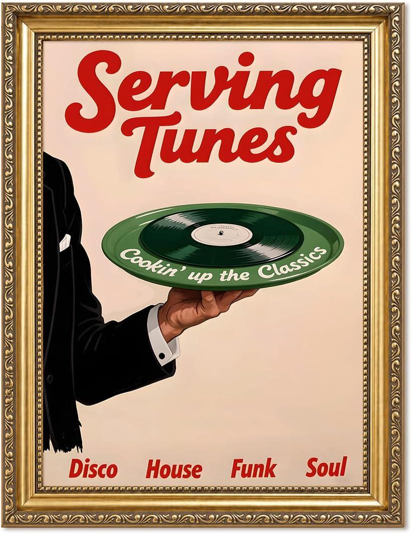 Vintage Gold Framed Music Wall Art, Retro Vinyl Record Pictures Wall Decor, Mid Century Modern Serving Tunes Paintings Canvas Prints Funky Home Decor for Bar Living Room 16x24 inch