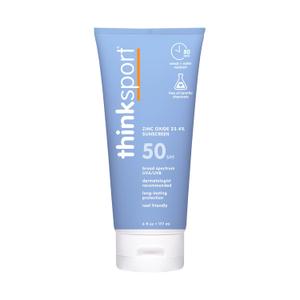 Thinksport SPF 50+ Mineral Sunscreen  Safe, Natural Sunblock for Sports & Active Use - Water Resistant Sun Cream UVA/UVB Sun Protection  Vegan, Reef Friendly Lotion, 6oz (6 Fl Oz (Pack of 1))
