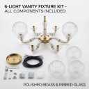 6-Light Modern Brass Chandelier Light Fixture – Vintage Ribbed Glass Globe Shade Ceiling Light with Brushed Brass Finish for Dining Room, Kitchen Island, Living Room & Vanity