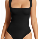 MANGOPOP Women's Square Neck Long Sleeve Tank Top Bodysuit Sexy Double Lined Sleeveless Thong Body Suits Going Out Tops Black M