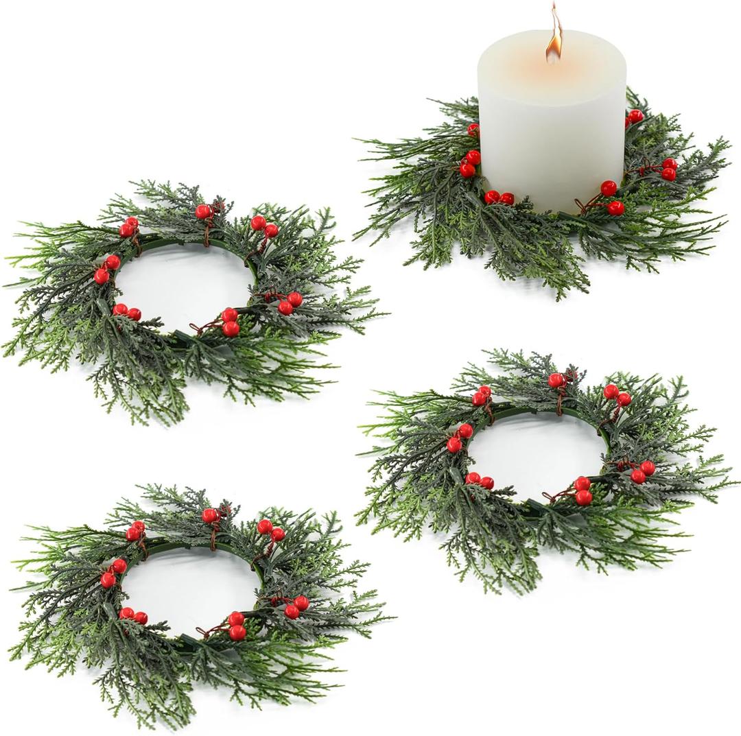 Bacucine 4 PCS Christmas Candle Rings Christmas Decorations Artificial Berries Pine Needles Candle Wreaths for Home Wedding Living Room Table Decoration