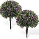 Yunlly 2 Pack Artificial Boxwood Topiary Ball Tree with Faux Rose Bush 18 Inch Outdoor Faux Topiary Shrub with Ground Spike, UV Resistance Fake Plant for Garden Porch Patio Indoor (Light Purple)
