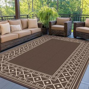 GENIMO Outdoor Rug Waterproof for Patio Decor, 5'x8' Reversible Plastic Straw Rug Carpet, Camping Mat for Outdoor, RV, Backyard, Deck, Balcony, Picnic, Beach, Coffee & Beige