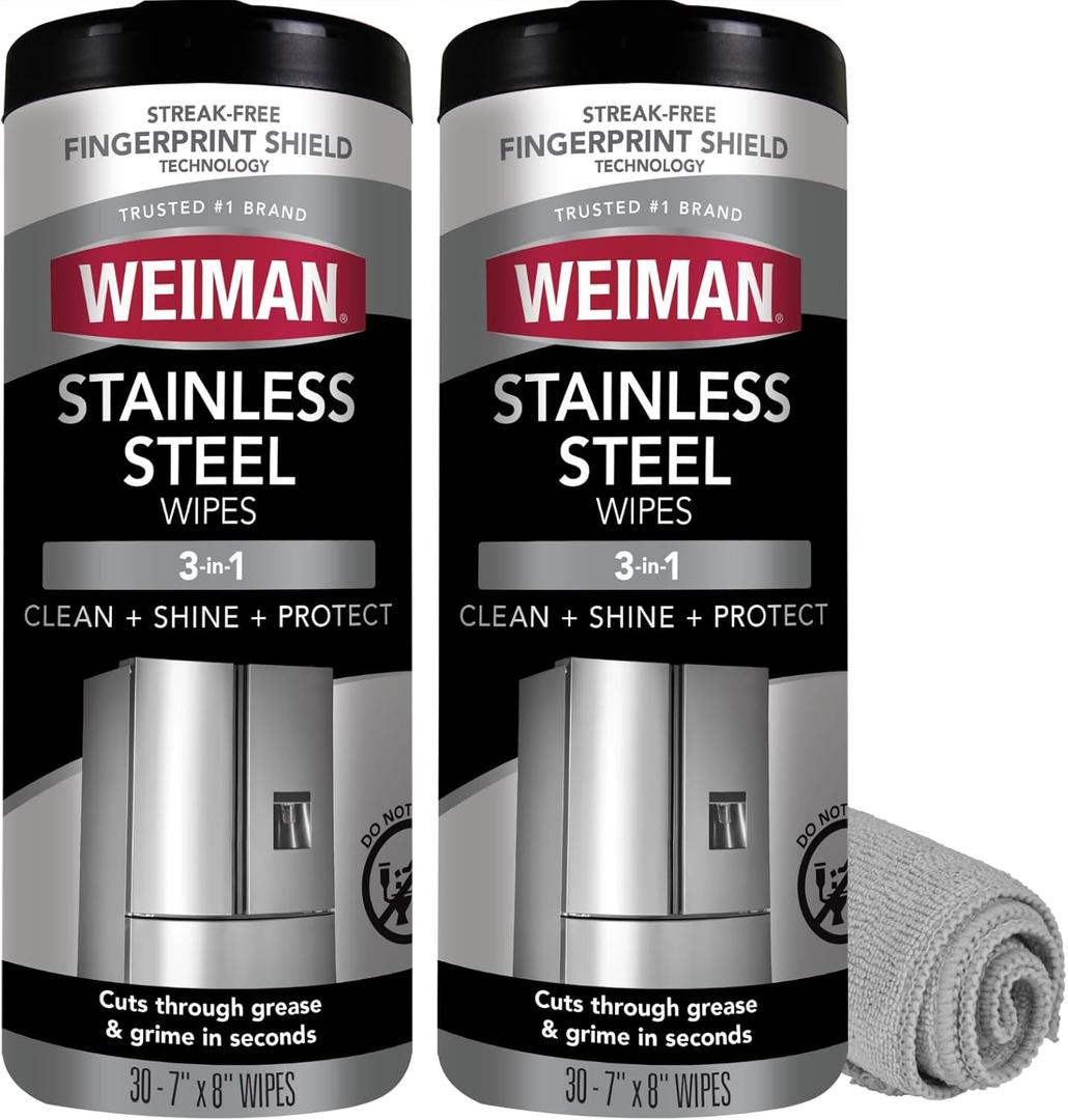 Weiman Stainless Steel Cleaner & Polish Kit, 2 Wipes & Cloth, Anti-Fingerprint, Removes Grease, Water Spots, Streaks & Residue, Polishing Cleaner Safe for Appliances, Chrome, Sinks & Grill Exteriors (30 Count (Pack of 2))