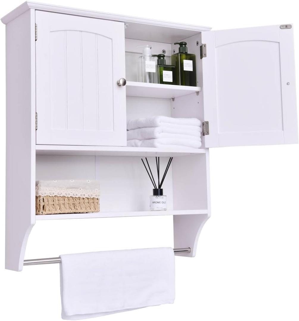 White Bathroom Cabinet Wall Mounted with Towels Bar, Over Toilet Storage Cabinet with 2 Doors and Adjustable Shelf, Medicine Cabinets with Large Space for Bathroom Laundry Room Kitchen