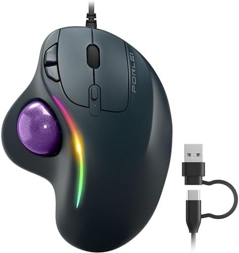 PORLEI Wired Trackball Mouse with RGB Lighting, Ergonomic Thumb Control to Reduce Muscle Strain, 5 Adjustable DPI, Dual USB-C & USB-A Connectivity, Compatible with PC, Laptop, Mac, Windows-Purple