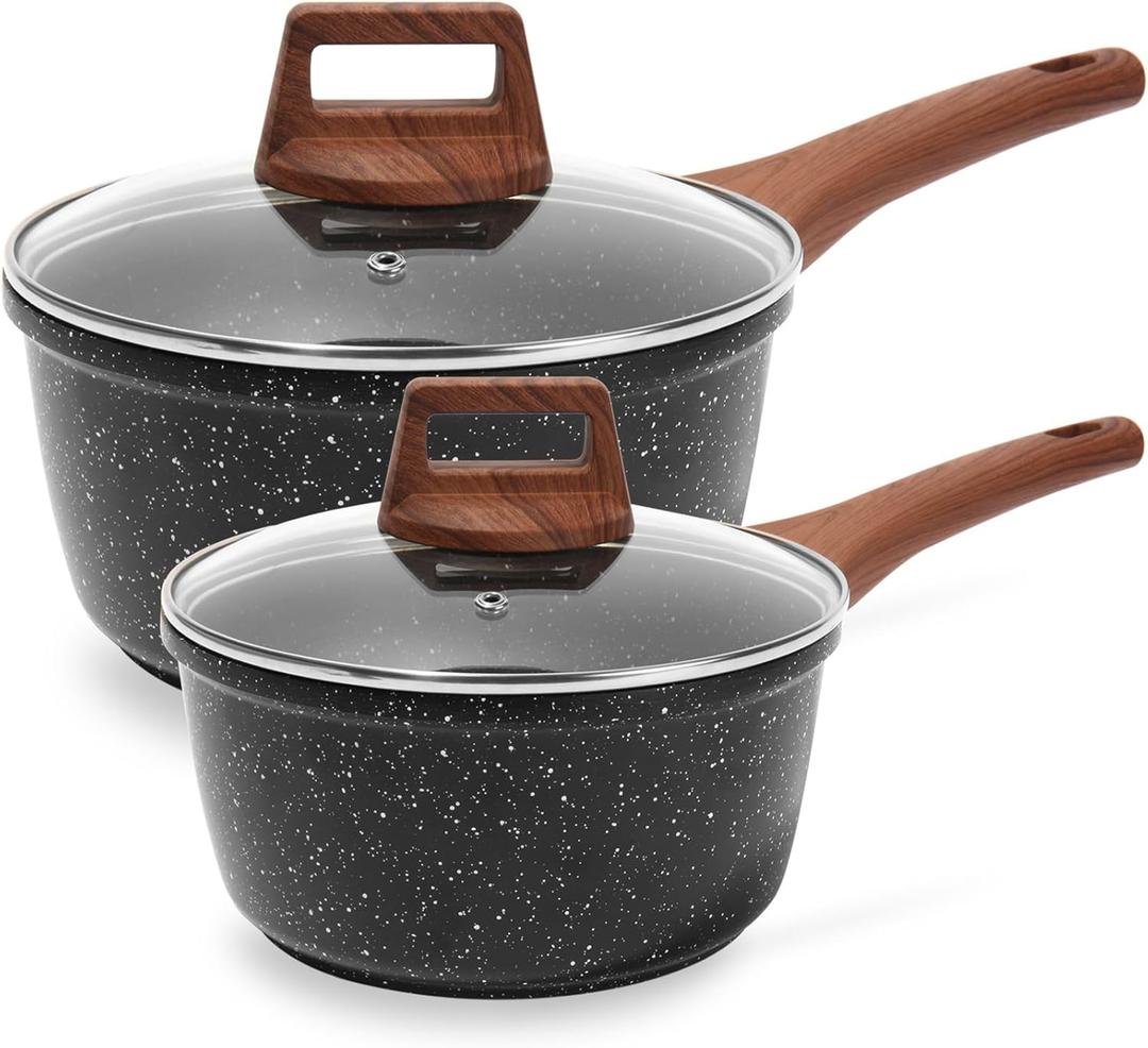 ESLITE LIFE 1.5 QT & 2.5 QT Sauce Pan Set with Lids, Nonstick Small Soup Pot Compatible with All Stovetops (Gas, Electric & Induction), PFOA Free, Black (4 Quarts)