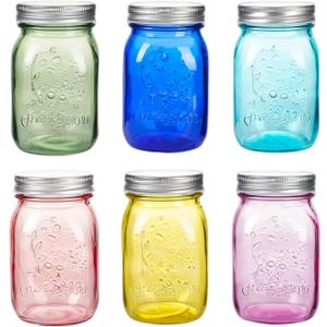 Amzcku 16 oz Colored Mason Jars with LidsRegular Mouth Canning Jar, 6 Pack Multifunction Glass Container, for Storage, Canning, Pickling, Preserving, Fermenting, DIY Crafts & Decor