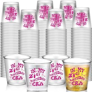 Willinglong 60 Pcs 2.87 oz 21st Birthday Decorations for Her Disposable Shot Glass, in My 21st Birthday Era Plastic Cups Anniversary Happy 21 Birthday Party Ideas Favors Gifts
