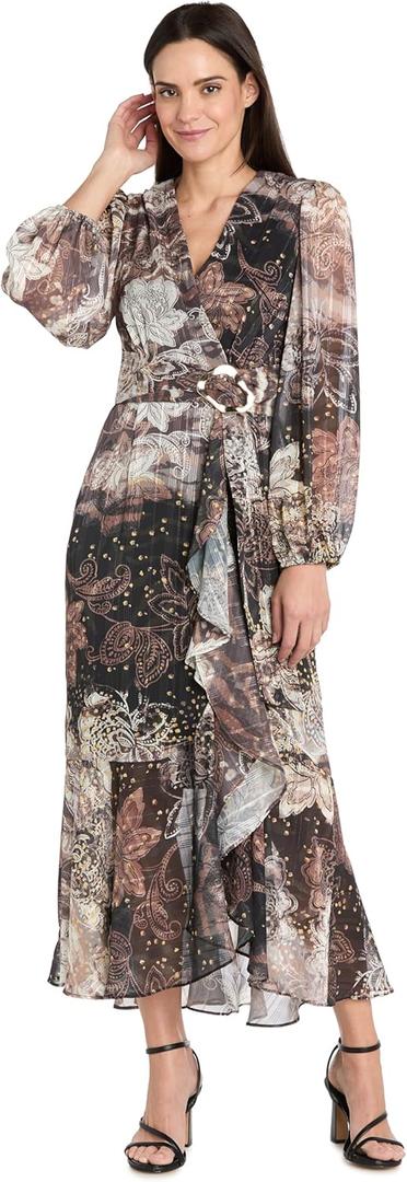 Metallic Animal Print Satin Chiffon Wrap Dress W/Long Sleeves, Ruffle Cascade Front & Tiered Hem (Size 8)