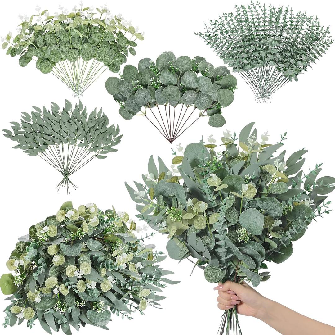 Serwalin 100pcs Artificial Mixed Eucalyptus Leaves Stems Bulk, 4Kinds Silver Dollar Eucalyptus Leaves Picks,Faux Eucalyptus Stems Sprays for DIY Bouquets Floral Arrangement Home Decor