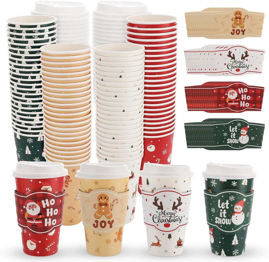 100 Sets 16 oz Christmas Disposable Coffee Cups with Lids and Sleeves Paper Drinking Cups for Christmas Party Supplies
