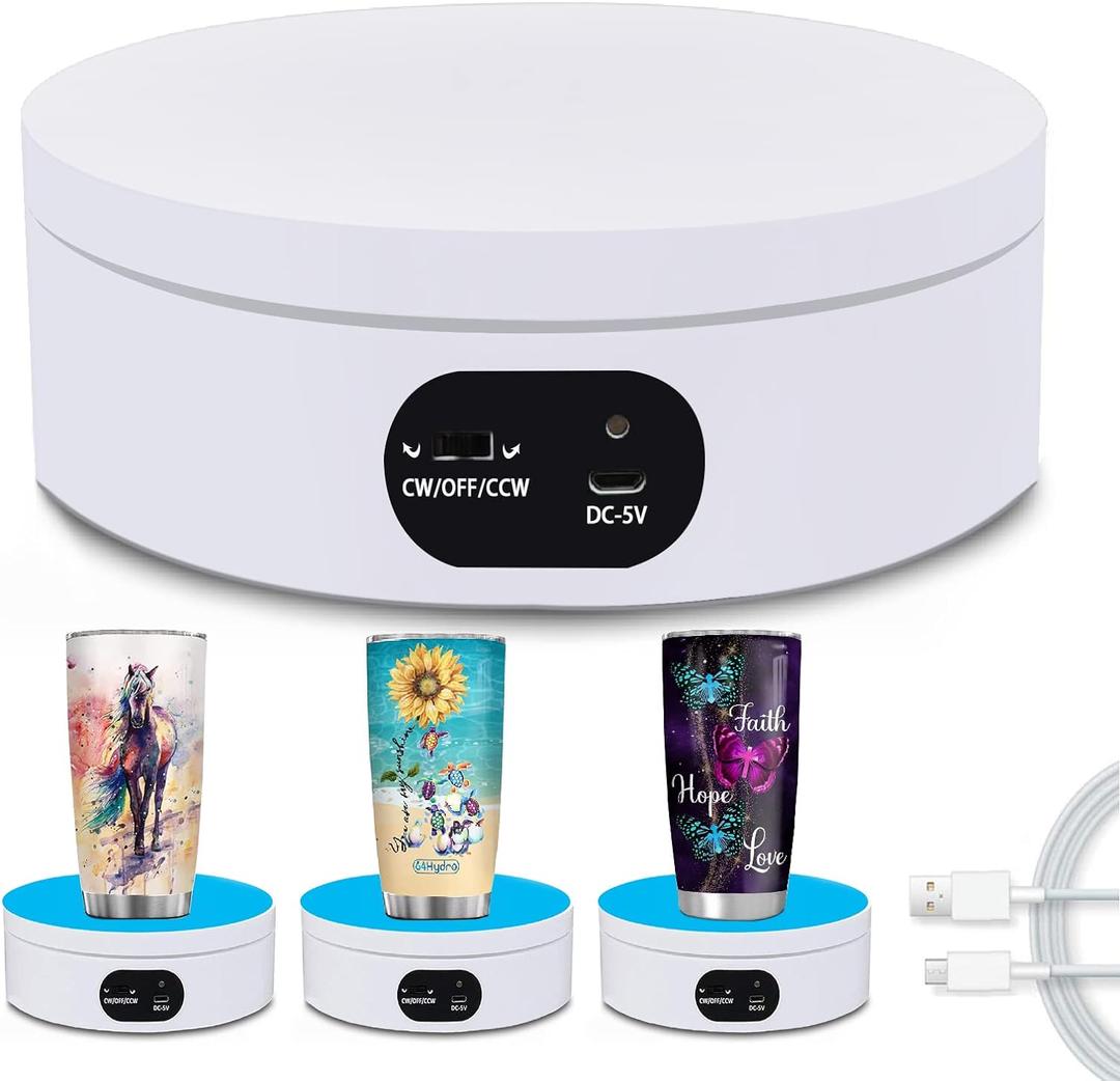YVV Turner Cup Rotating Display Stand for Epoxy Glitter Tumbler, 360 Degree Automatic Mute Rotating Turntable for Photography Products Tumbler Making Supplies Spinner 4.72 x 1.77in Motorized Rotation