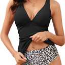 ZAFUL Women's Tankini Swimsuits V Neck Tummy Control Two Piece Bathing Suit Cross Back High Waisted Bikini (2-leopard), S
