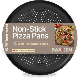 Bakken 16 Inch Non-Stick Pizza Pan 1 Pack, Round Carbon Steel Pizza Tray with Perforated Holes, PFOA, PFOS, & PTFE-Free, Dishwasher & Oven Safe Up To 450F, Durable Nonstick Coating, Black