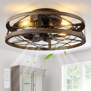 AKOFUN 20" Cage Ceiling Fan with Light and Remote, Low Profile Flush Mount Fan, 6 Speed Reversible DC Motor, 1/2/4/8/12H Timer, Bladeless Fandelier Rustic Farmhouse Light for Bedroom Living Room Patio