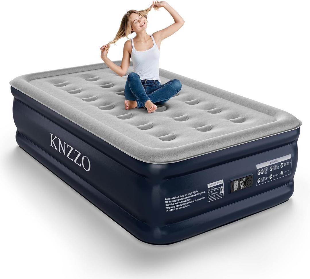 KNZZO Twin Air Mattress with Built-in Pump, 18" Top Inflatable Mattress with Waterproof Flocking Fabric, Three-Minute Quick-Inflatable Bed. Portable Blow Up Mattress for Home, Outdoor and Guests (Blue)