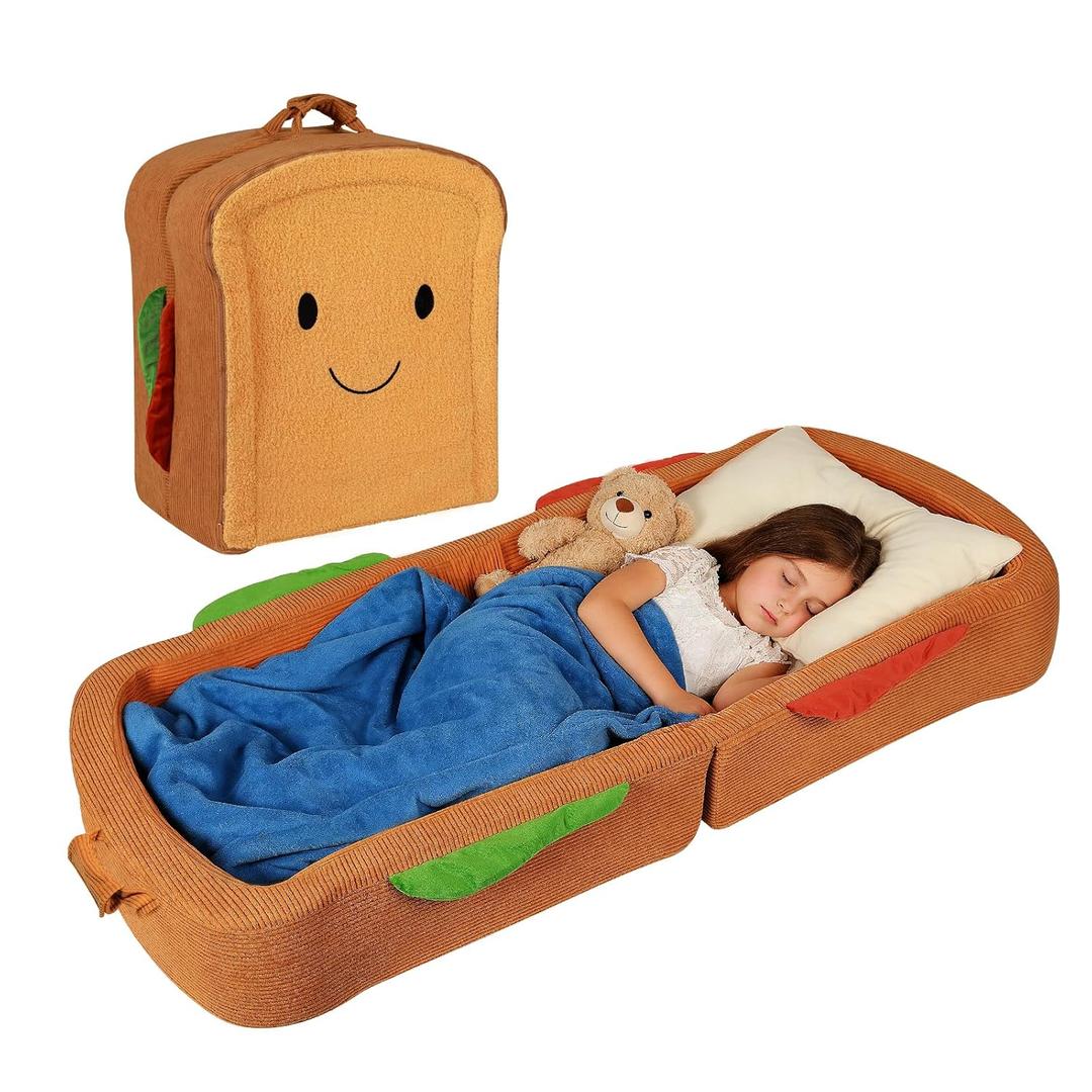 Toddler Travel Bed Sandwich Style - Portable Toddlers Floor Beds, Foldable Soft Foam Travel Crib for Baby and Kid, Washable Cover Toddler Cot with Safety Rail for Travel, Medium Size