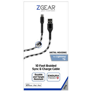 Z Gear Metal Housing, 10 Foot Braided Sync & Charge Cable, for Lighting Tip
