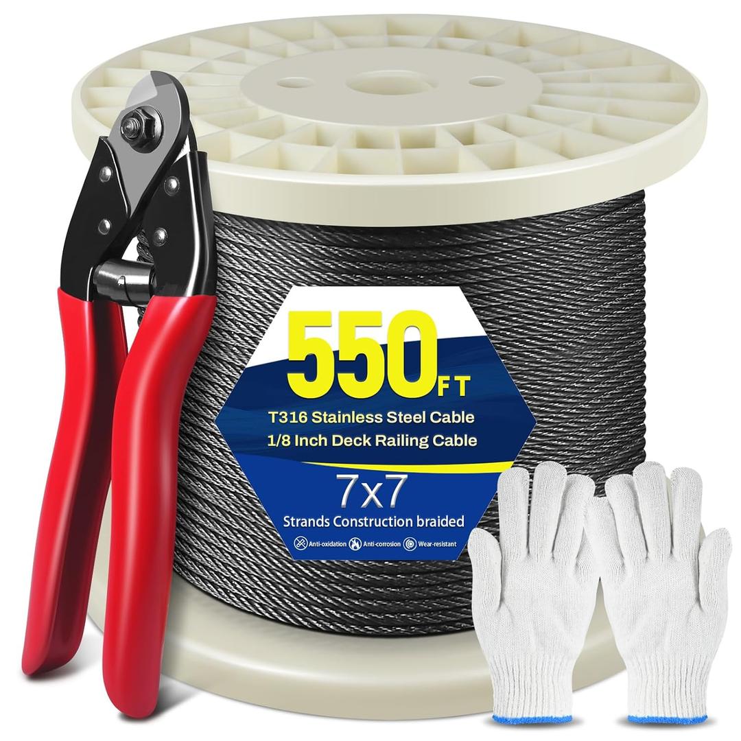 550FT 1/8" Black Stainless Steel Cable,T316 Wire Rope Cable for Deck Cable Railing Kit, Black Stainless Steel Cable Railing with Cutter, 7x7 Strands Construction Braided Stainless Wire with Cutter