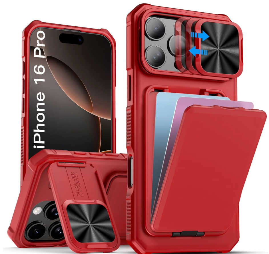 SSLOTSCASE for iPhone 16 Pro Case with Kickstand & Card Holder & Slide Camera Lens Cover, Multifunctional FullBody Rugged Protective Phone Case Cover for iPhone 16 Pro 6.3'' 5G 2024, Red