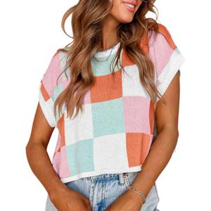 Womens Cap Sleeve Summer Tops Crop Checkered Y2K Outfits Cute Preppy Clothes Loose Fit Lightweight Short Sleeve Sweater (XL)