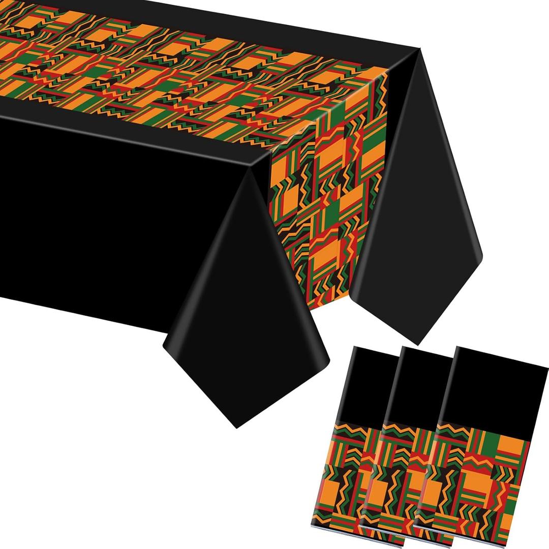 Kinlop 3 Pcs Juneteenth Tablecloth 108 x 51 Inch Kente Table Covers Plastic Disposable Table Clothes for African American Independence Celebrate Freedom Black History Kwanzaa Party Supplies(Geometric)