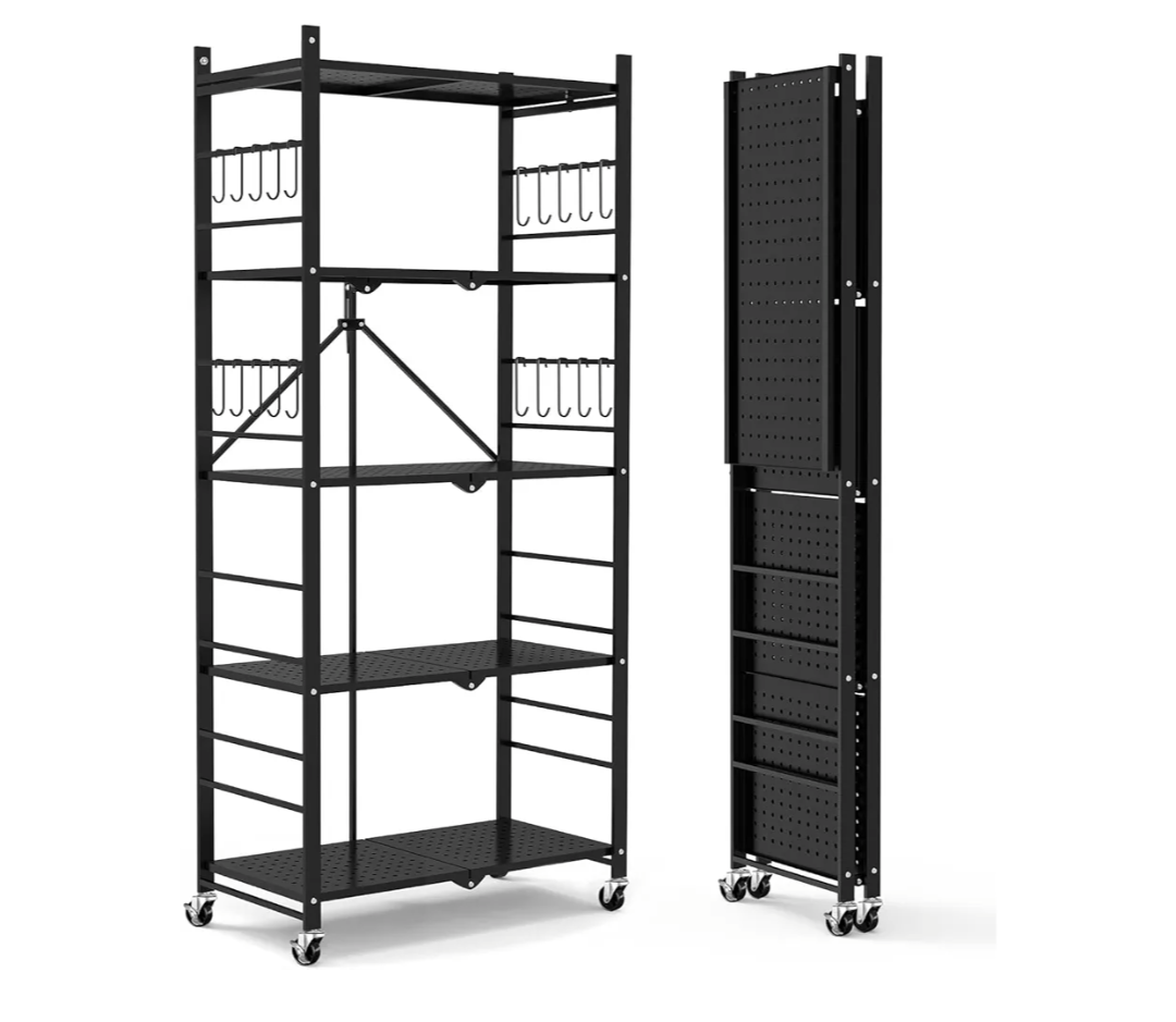 Himix Storage Shelves with 20 Hooks, 5-Tier Collapsible Organization Storage Rack Bookshelf Folding Pantry Shelves Cube Shelf Wire Shelving Holds 440 Ibs for Garage Kitchen Room