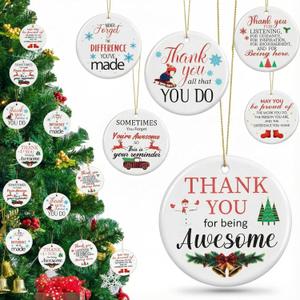 Barydat 48 Pcs Christmas Thank You Ornaments Bulk Employee Appreciation Gifts for Coworkers, Christmas Tree Ceramic Round Hanging Ornaments with Rope for Xmas Thanksgiving Team Staff Teachers Nurses