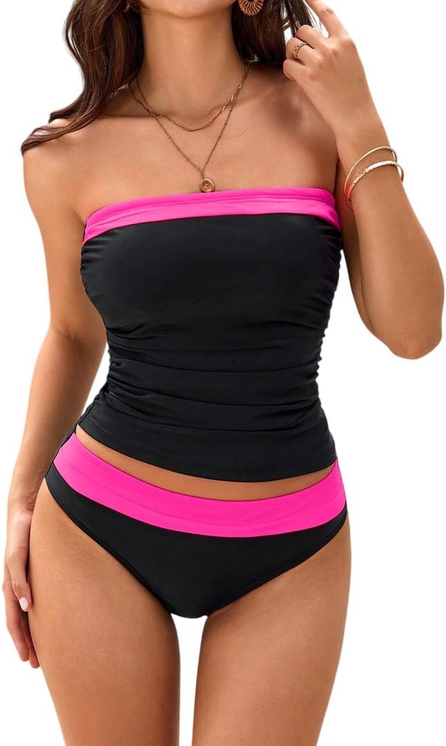SOLY HUX Tankini Swimsuits for Women Color Block Bandeau Ruched Bikini Two Piece Bathing Suits (Small, Black and Pink)