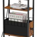 Snughome Narrow Side Table with Charging Station, Slim End Table for Small Spaces, 3 Tier Skinny Nightstand with Drawer, Sofa Beside Table with Storage Shelf for Living Room Bedroom (Rustic Brown)