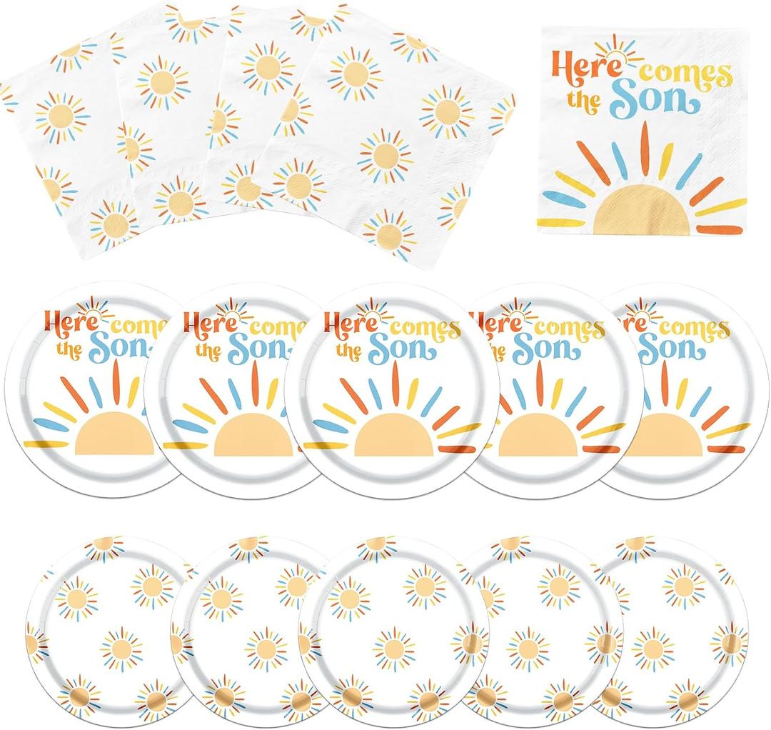Here Comes The Son Baby Shower Decorations, Sunshine Plates and Napkins Disposable Retro Boho Sun Party Supplies for Boys Kids Birthday, Here Comes The Sun Baby Shower Decorations, Serve 20
