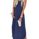 Women's Summer Casual Loose Sundress Long Dress Sleeveless V Neck Split Tshirt Maxi Dresses, Small, Navy Blue 
