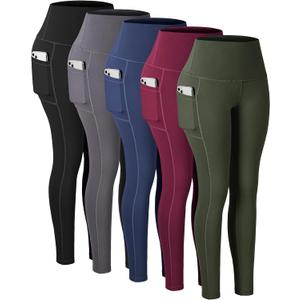 CHRLEISURE Leggings with Pockets for Women, High Waisted Tummy Control Workout Yoga Pants (X-Large, 5 Packs - Black/Gray/Navy/Burgundy/Army Green)