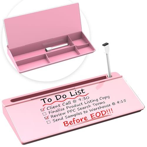 Glass Desktop Whiteboard, Dry Erase Board with Marker Holder, Computer Monitor Message Board and Desk Organizer for Home, Office and School Supplies (Pink)