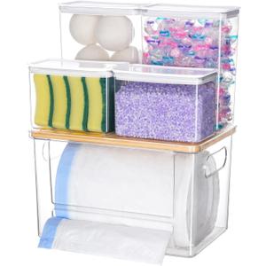 Trash Bag Dispenser Dishwasher Pods Container, 5 in 1 Garbage Bags Holder Under Sink Organizer Acrylic Laundry Pod Detergent Powder Container, Kitchen Pantry Laundry Room Organization Storage