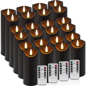 24 Pack Halloween Decoration Flickering Flameless Candles, Battery Operated LED Pillar Candles with Remote Control and Timer.for Home Decor (D2.2 xH 5" 6" 7" Black)