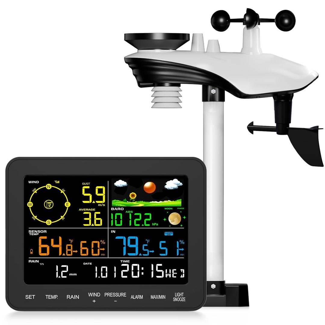 Weather Stations Wireless Indoor Outdoor, Weather Station with Rain Gauge and Wind Speed, Weather Forecast, Temperature, Air Pressure, Humidity, Moon Phase, Alarm Clock(No WiFi)