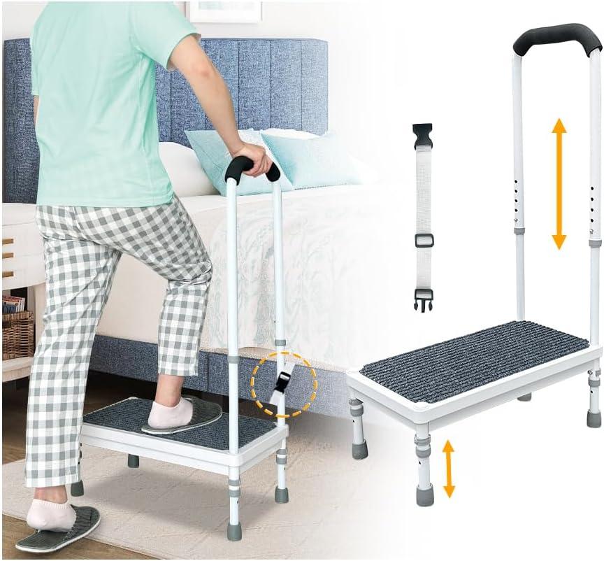 Medical Step Stool with Handle Elderly Adults Bed Steps for High Beds Rails Adjustable Assist Bar Heavy Duty Stepping Stool Metal Wide Step Platform Seniors Handicap Bed Side Foot Stool with Handrail