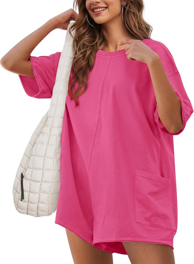 Rompers for Women Casual Romper Shorts Oversized One Piece Outfit | Athletic Tshirt, Short Sleeve, Wide Leg, Side pockets (Pink, S)