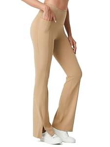 AFITNE Women's Flare Leggings Yoga Pants with Pockets High Waisted Tummy Control Workout Casual Flared Bootcut Wide Leg Pants 30" Khaki S