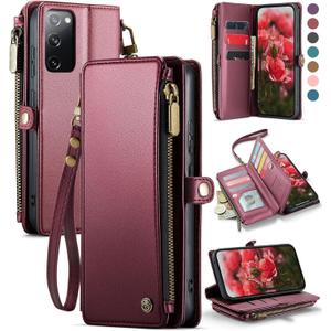 Defencase Compatible with Samsung Galaxy S20 FE 5G Case Wallet with RFID Blocking Card Holder for Women, PU Leather Magnetic Snap Flip Zipper Strap Wallet Phone Case Fit for Galaxy S20 FE 5G, Wine Red