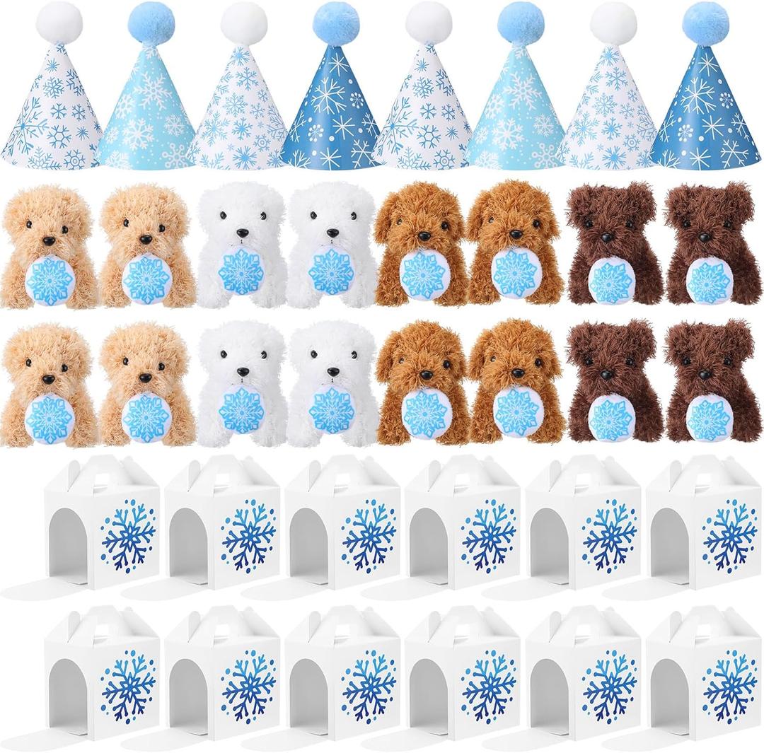 Vinsot 16 Set Mini Plush Dog Favors Gifts Adopt a Dog Set Include 16 Mini Stuffed Puppy 16 Cute Cone Hats 16 Kraft Paper Boxes for Puppy Animal Themed Birthday Party Supplies (Snowflake)