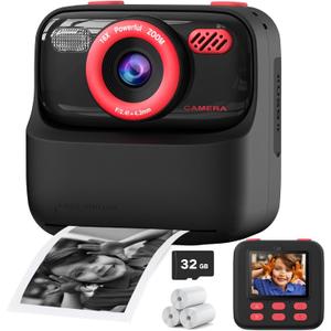 Kids Instant Digital Cameras for Boys and Girls, 1080P HD Dual-Lens Selfie Digital Camera with Print Paper & 32G Card, Christmas Birthday Gifts Toys for Toddler and Teenagers Age 3-16 Years Old (Black)
