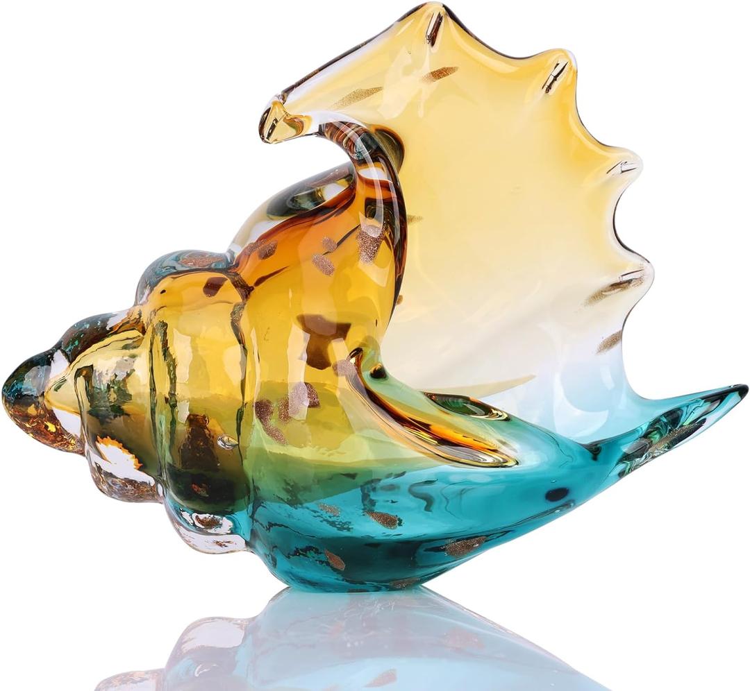 DOVDOV Hand-Blown Glass Conch Sculpture, Coastal Home Decor Conch Horn, Glass Art Seashell Ornament, Office, Living Room Tabletop Centerpiece, Bathroom Shelf top and Cabinet Decoration.