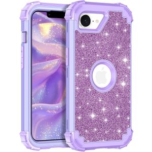 LONTECT for iPhone 16e Case Glitter Sparkly Bling 3 in 1 Shockproof Heavy Duty Hybrid Sturdy High Impact Protective Cover Case for Apple iPhone 16e 6.1 inch 2025,Purple
