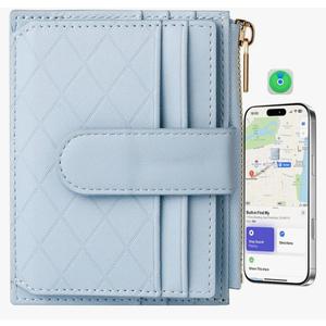 Women's Wallet Built-in Anti-Loss Tracker, RFID Blocking Small Compact Card Holder Wallet for Women Soft PU Leather Bifold Pocket Wallet Ladies Mini Purse with Zipper Pocket, ID Window (Light Blue)