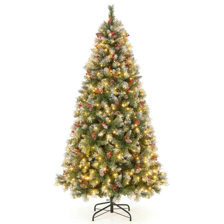 6.5 FT Artificial Christmas Tree Hinged w/ 420 Warm LED Lights & 207 Red Berries